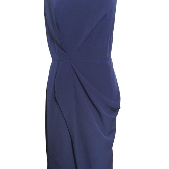 JS Collections Blue Sheath Dress Size 16 Draped Faux Wrap Sleeveless Fully Lined - Picture 3 of 7